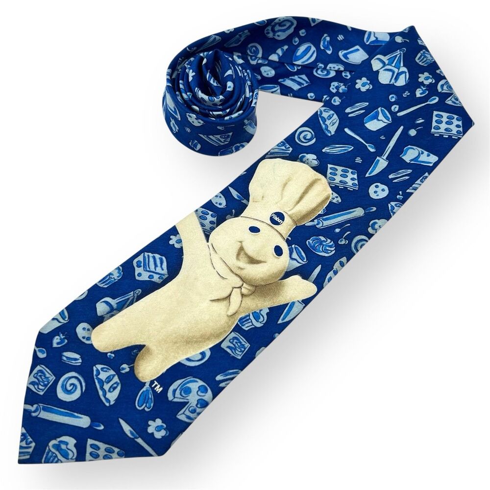 VTG Pillsbury Doughboy Cookin’ Neck Tie Blue AOP 1998 Ralph Marlin Baker Chef